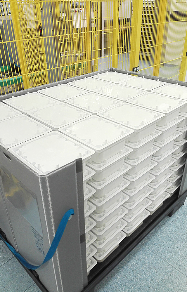 A picture of a pharmaceutical production area showing a pallet size plastic container loaded with 120 stacked tubs separated by plastic lids