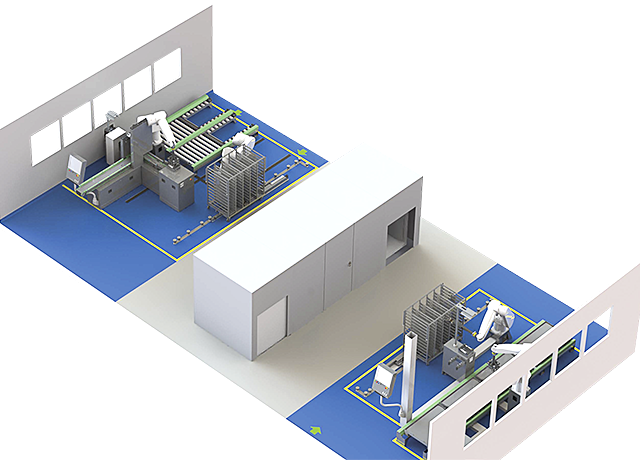 A 3D Rendering of an optimized multi-step process for the production of prefilled syringes showing 2 production cells separated by a sterilization area equiped with 2 autoclaves