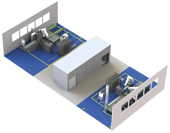 A 3D Rendering of an optimized multi-step process for the production of prefilled syringes showing 2 production cells separated by a sterilization autoclave